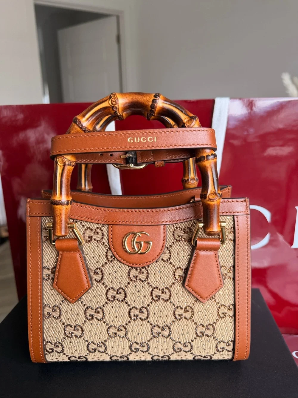Gucci Tan & Beige GG Bamboo Handle Satchel